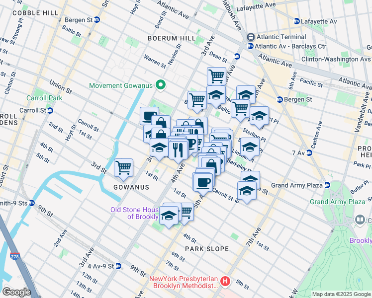 map of restaurants, bars, coffee shops, grocery stores, and more near 630-632 Union Street in Brooklyn