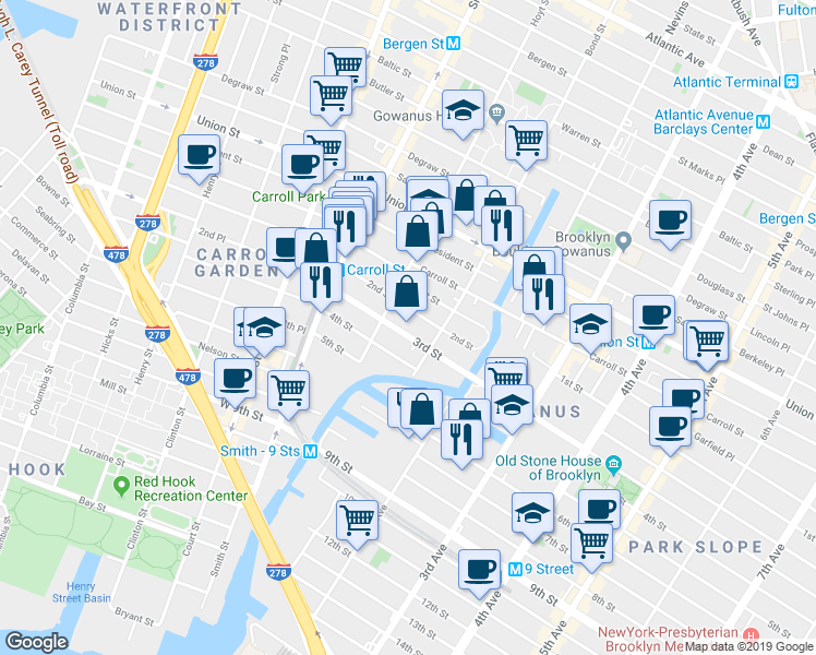 map of restaurants, bars, coffee shops, grocery stores, and more near 110 3rd Street in Brooklyn