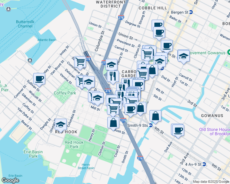map of restaurants, bars, coffee shops, grocery stores, and more near Hamilton Avenue in Brooklyn