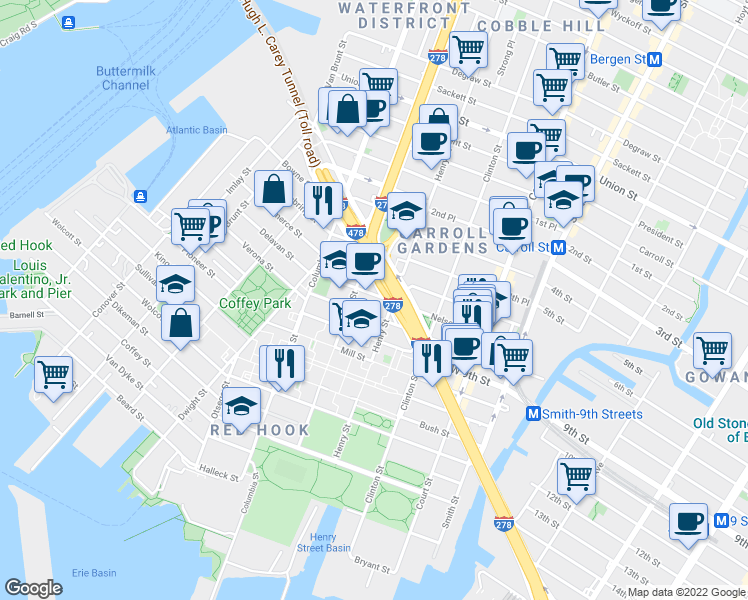 map of restaurants, bars, coffee shops, grocery stores, and more near 56 Huntington Street in Brooklyn