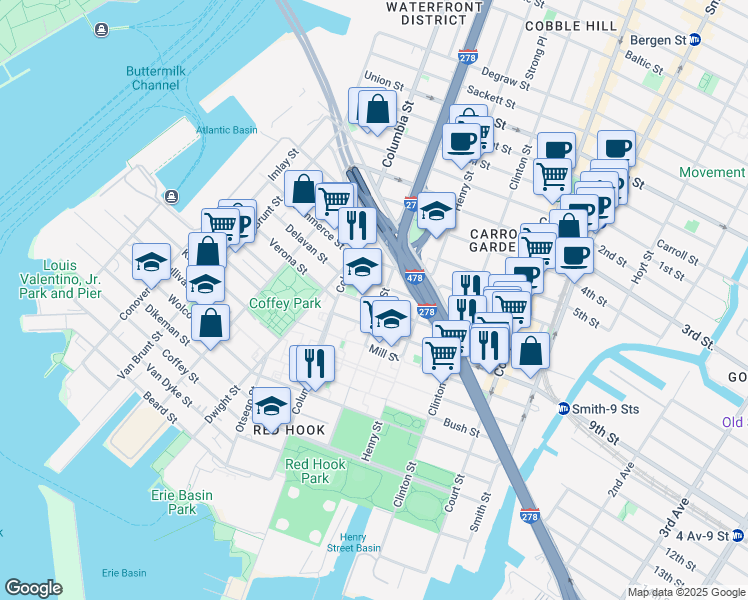 map of restaurants, bars, coffee shops, grocery stores, and more near 56 Huntington Street in Brooklyn