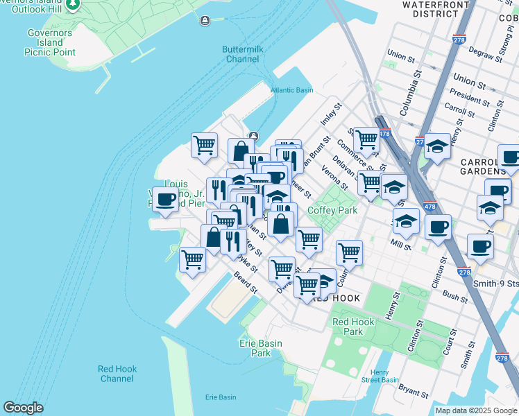 map of restaurants, bars, coffee shops, grocery stores, and more near 353 Van Brunt Street in Brooklyn