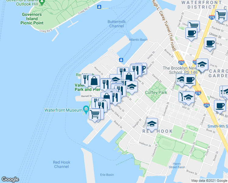 map of restaurants, bars, coffee shops, grocery stores, and more near 131 Dikeman Street in Brooklyn