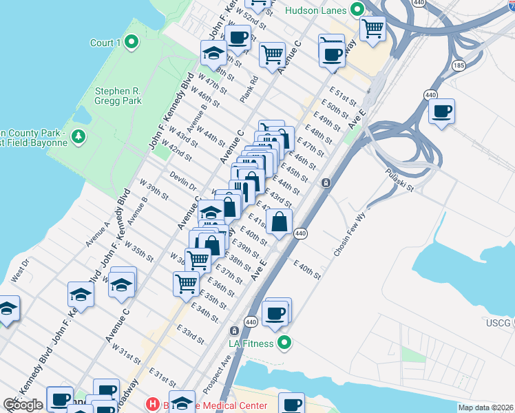 map of restaurants, bars, coffee shops, grocery stores, and more near 23 East 41st Street in Bayonne