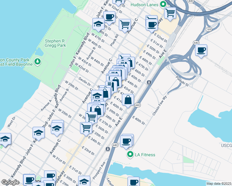 map of restaurants, bars, coffee shops, grocery stores, and more near 23 East 41st Street in Bayonne