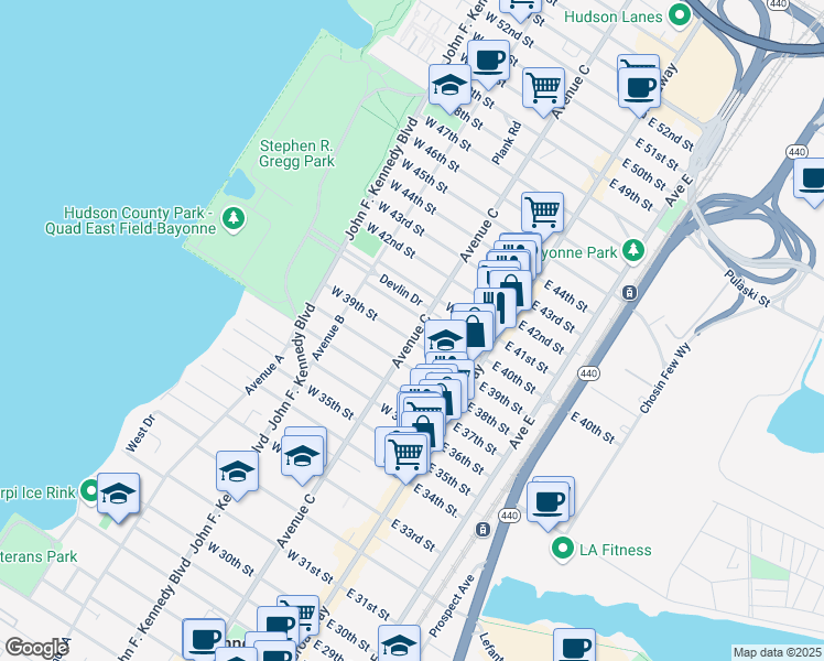 map of restaurants, bars, coffee shops, grocery stores, and more near 858 Avenue C in Bayonne