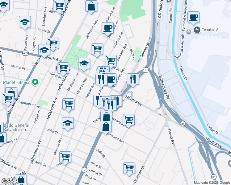map of restaurants, bars, coffee shops, grocery stores, and more near in Elizabeth