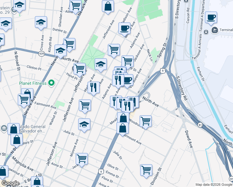 map of restaurants, bars, coffee shops, grocery stores, and more near 721 Jackson Avenue in Elizabeth