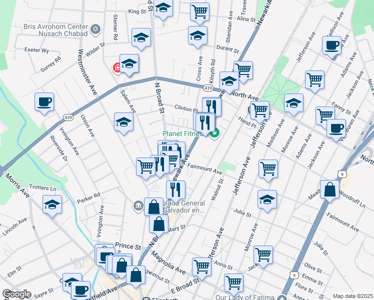 map of restaurants, bars, coffee shops, grocery stores, and more near 611-613 Newark Avenue in Elizabeth