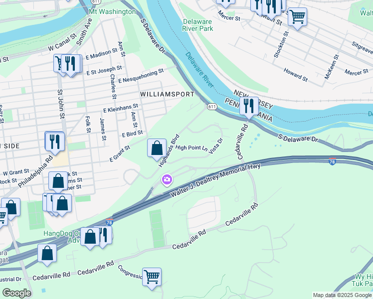 map of restaurants, bars, coffee shops, grocery stores, and more near 110 High Point Lane in Easton