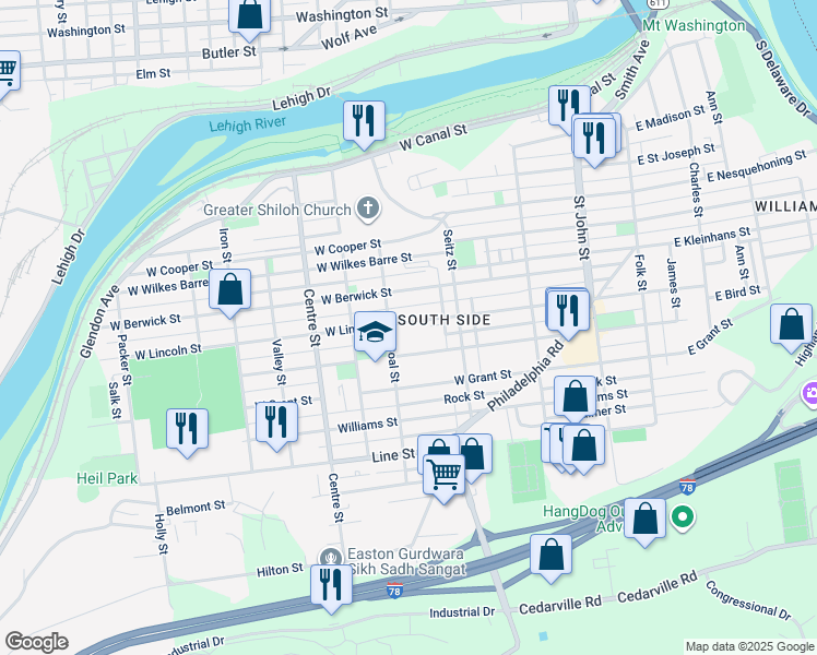 map of restaurants, bars, coffee shops, grocery stores, and more near 620 Coal Street in Easton