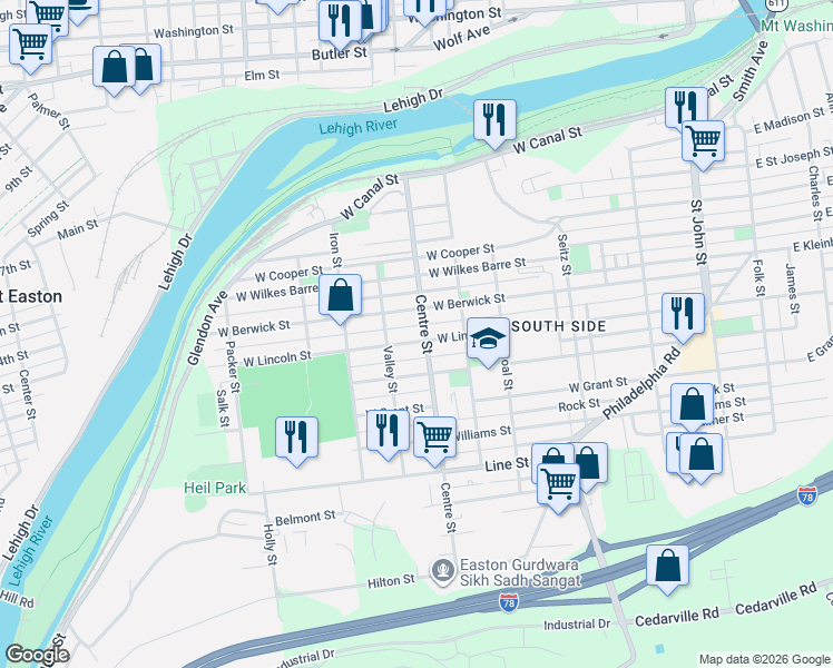map of restaurants, bars, coffee shops, grocery stores, and more near 606 Valley Street in Easton