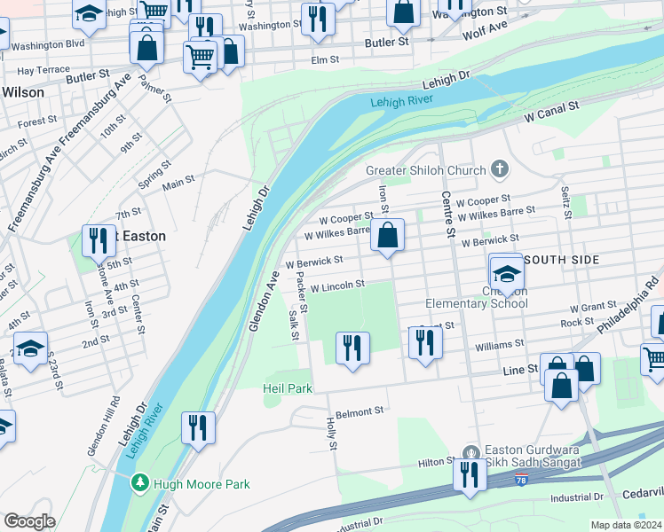 map of restaurants, bars, coffee shops, grocery stores, and more near 1039 West Lincoln Street in Easton