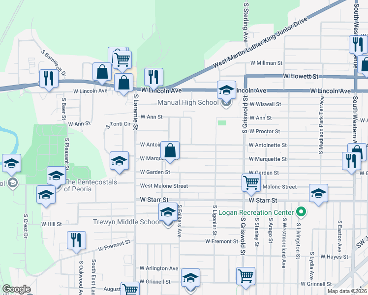map of restaurants, bars, coffee shops, grocery stores, and more near 1001-1099 South Folkers Avenue in Peoria