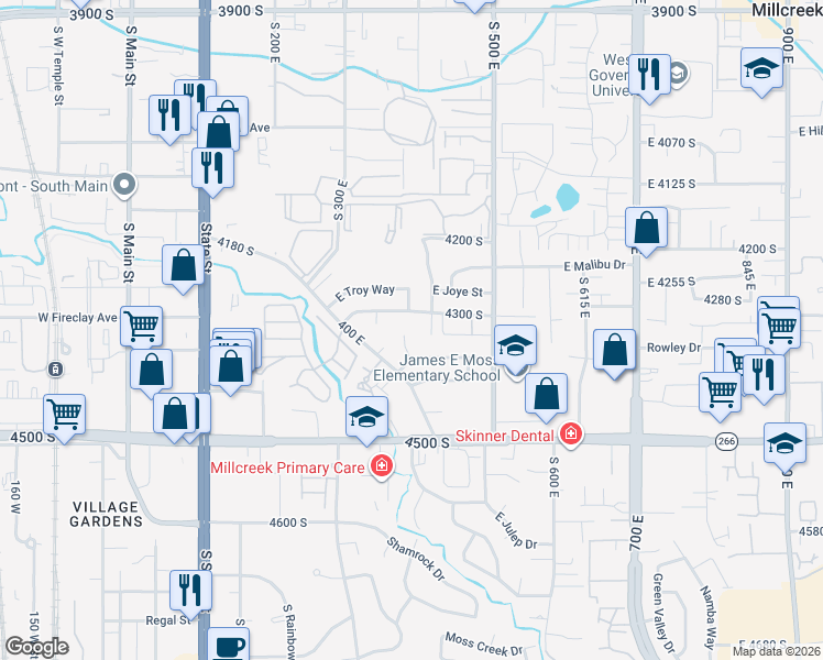 map of restaurants, bars, coffee shops, grocery stores, and more near 4317 South 390 East in Murray