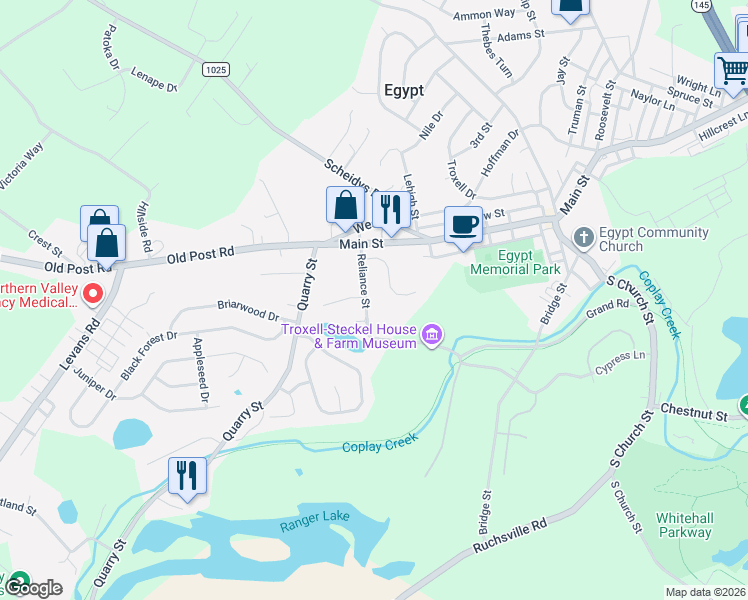 map of restaurants, bars, coffee shops, grocery stores, and more near 4166 Reliance Street in Lehigh County