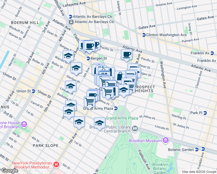 map of restaurants, bars, coffee shops, grocery stores, and more near 7th Avenue in Brooklyn