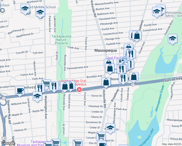 map of restaurants, bars, coffee shops, grocery stores, and more near 40 New York Avenue in Massapequa