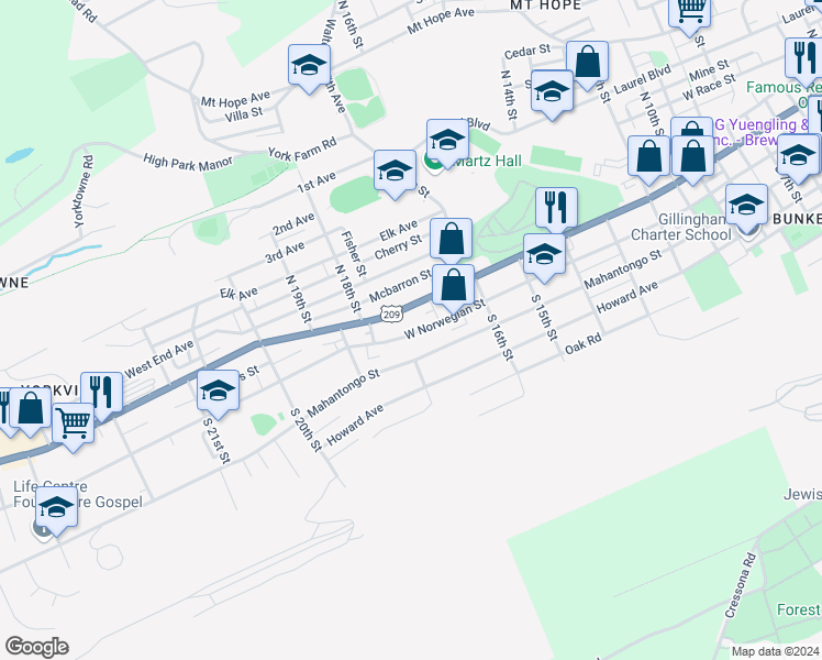 map of restaurants, bars, coffee shops, grocery stores, and more near 1730A West Norwegian Street in Pottsville