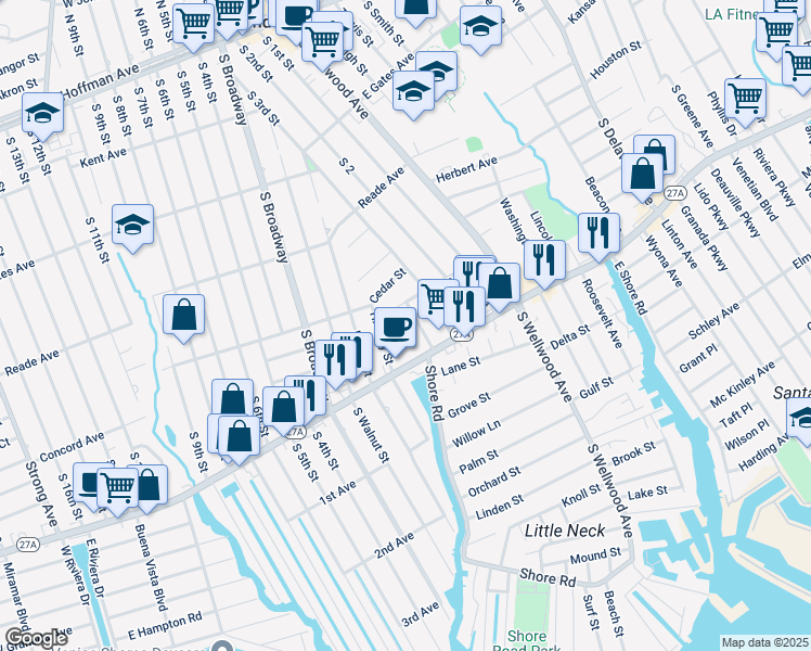 map of restaurants, bars, coffee shops, grocery stores, and more near 170 West Montauk Highway in Lindenhurst