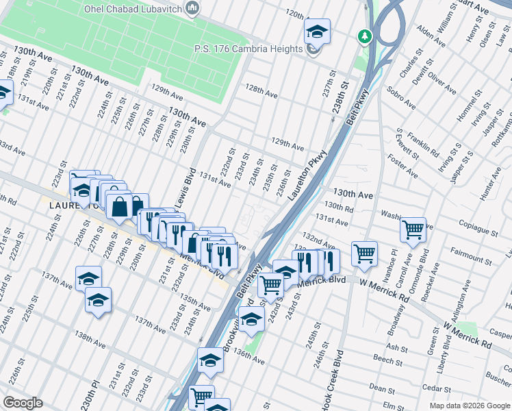 map of restaurants, bars, coffee shops, grocery stores, and more near 131-39 234th Street in Queens