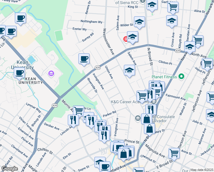 map of restaurants, bars, coffee shops, grocery stores, and more near 26 Kempshall Place in Elizabeth