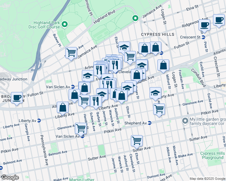 map of restaurants, bars, coffee shops, grocery stores, and more near Atlantic Ave & Ashford St in Brooklyn