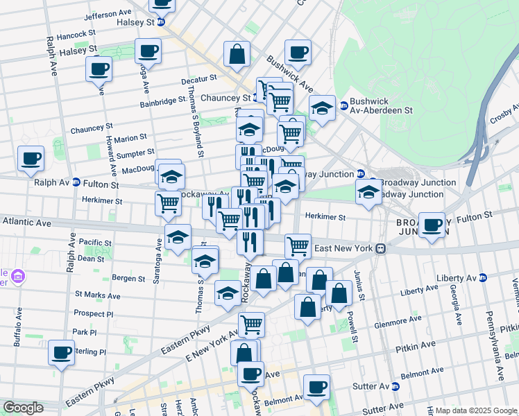 map of restaurants, bars, coffee shops, grocery stores, and more near 1301 Herkimer Street in Brooklyn