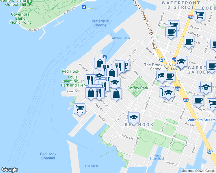 map of restaurants, bars, coffee shops, grocery stores, and more near 353 Van Brunt Street in Brooklyn