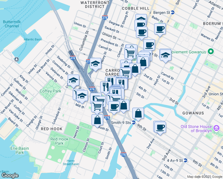 map of restaurants, bars, coffee shops, grocery stores, and more near 143 Luquer Street in Brooklyn
