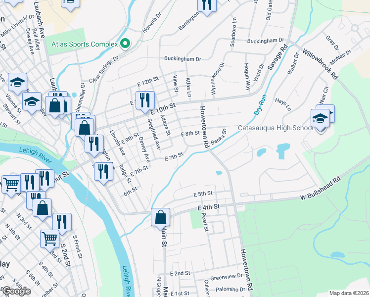 map of restaurants, bars, coffee shops, grocery stores, and more near 566 East 7th Street in Northampton