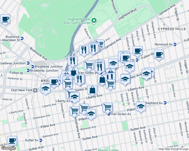 map of restaurants, bars, coffee shops, grocery stores, and more near 2764 Fulton Street in Brooklyn