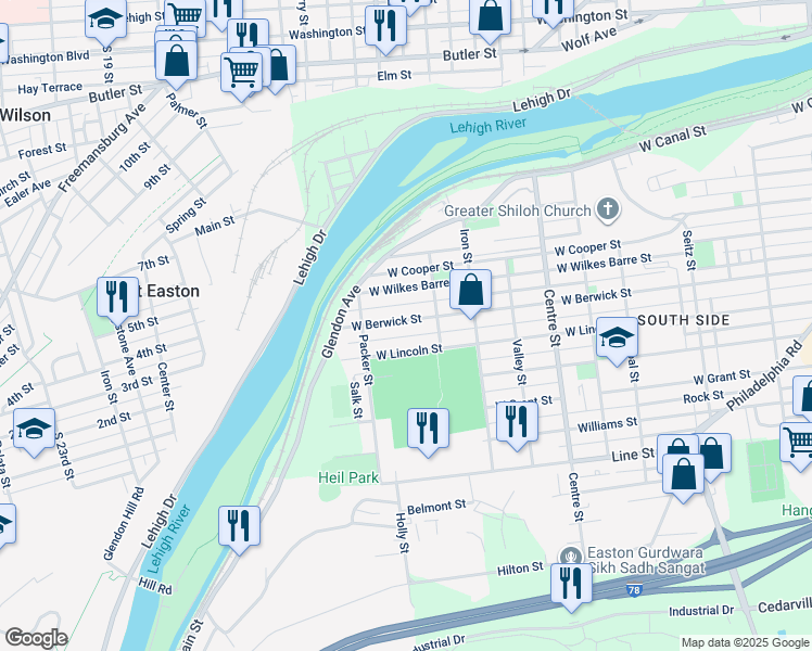 map of restaurants, bars, coffee shops, grocery stores, and more near 1042 West Berwick Street in Easton