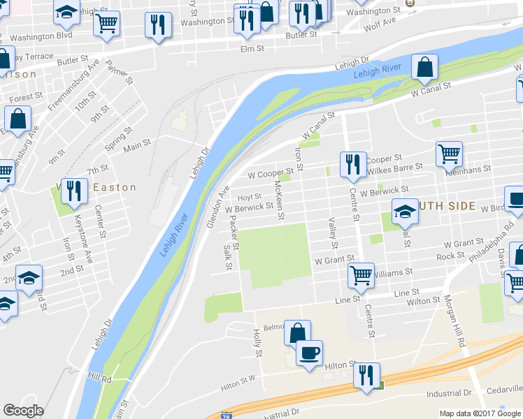 map of restaurants, bars, coffee shops, grocery stores, and more near 1038 West Berwick Street in Easton