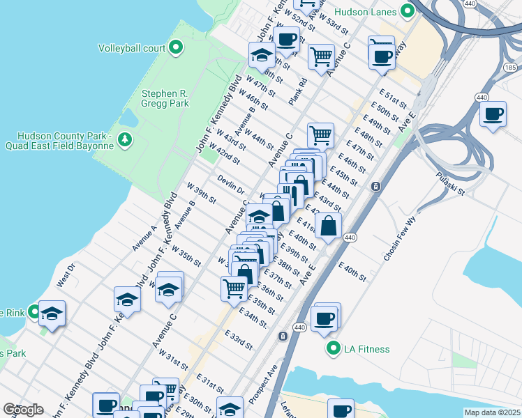 map of restaurants, bars, coffee shops, grocery stores, and more near 31 West 39th Street in Bayonne
