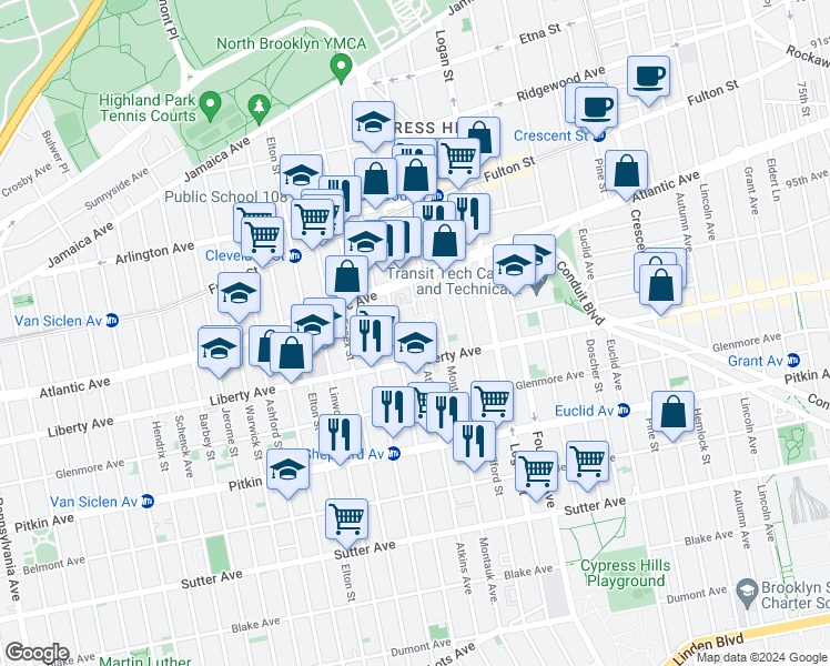 map of restaurants, bars, coffee shops, grocery stores, and more near 62 Atkins Avenue in Brooklyn