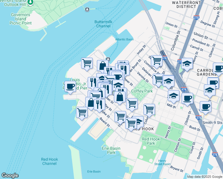 map of restaurants, bars, coffee shops, grocery stores, and more near 353 Van Brunt Street in Brooklyn