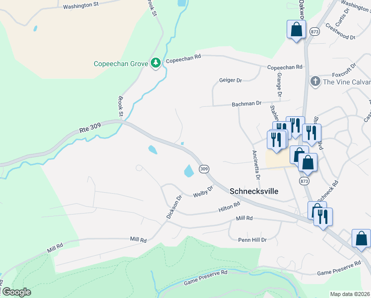 map of restaurants, bars, coffee shops, grocery stores, and more near 6453 Pennsylvania 309 in Schnecksville