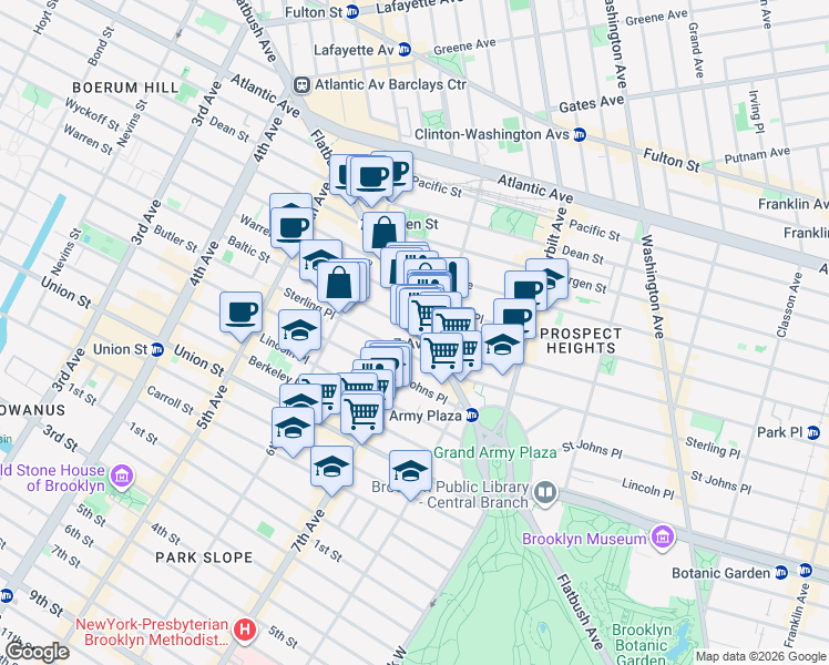 map of restaurants, bars, coffee shops, grocery stores, and more near 0 7th Avenue in Brooklyn