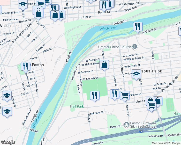 map of restaurants, bars, coffee shops, grocery stores, and more near 1038 West Berwick Street in Easton