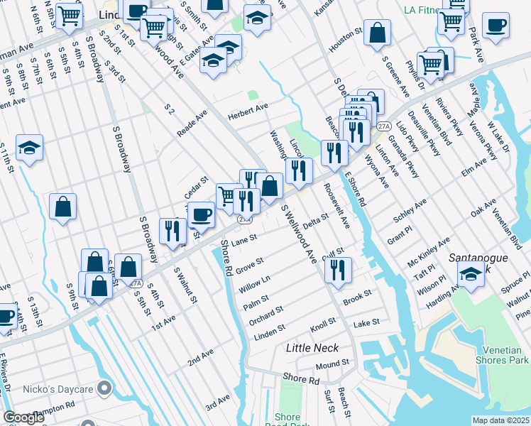 map of restaurants, bars, coffee shops, grocery stores, and more near 66 Lane Street in Lindenhurst