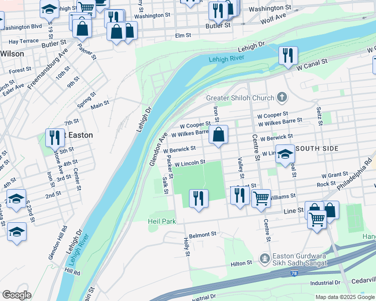 map of restaurants, bars, coffee shops, grocery stores, and more near 1042 West Berwick Street in Easton