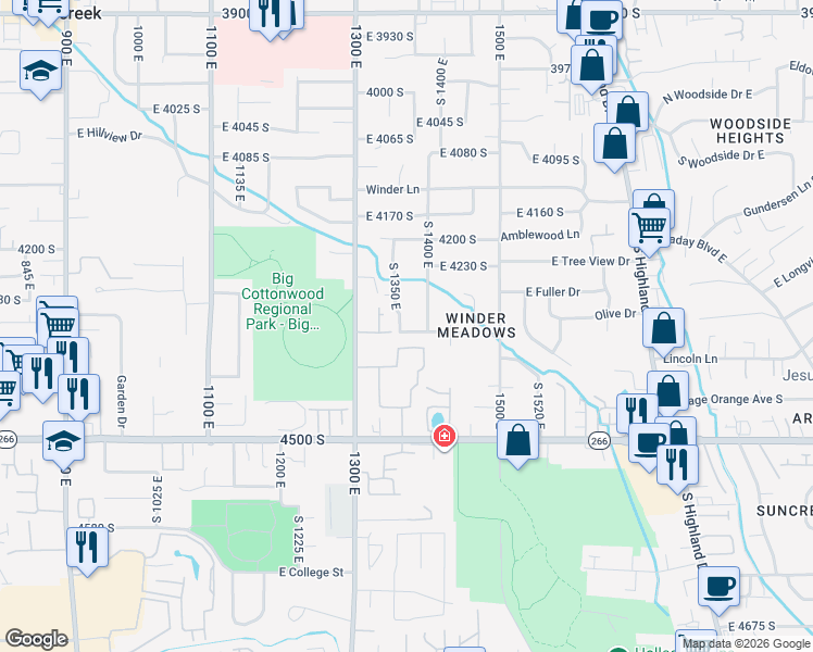 map of restaurants, bars, coffee shops, grocery stores, and more near 1372 Royal Troon Drive in Millcreek