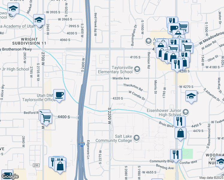 map of restaurants, bars, coffee shops, grocery stores, and more near 2170 Kirkham Way in Salt Lake City