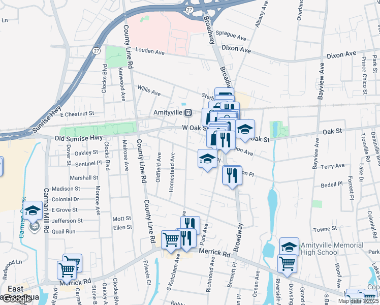 map of restaurants, bars, coffee shops, grocery stores, and more near 159 Ketcham Avenue in Amityville