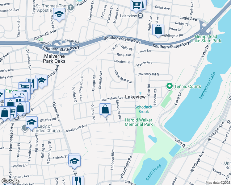 map of restaurants, bars, coffee shops, grocery stores, and more near 475 Champlain Avenue in West Hempstead