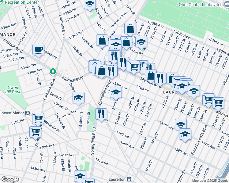 map of restaurants, bars, coffee shops, grocery stores, and more near 217-09 136th Road in Queens
