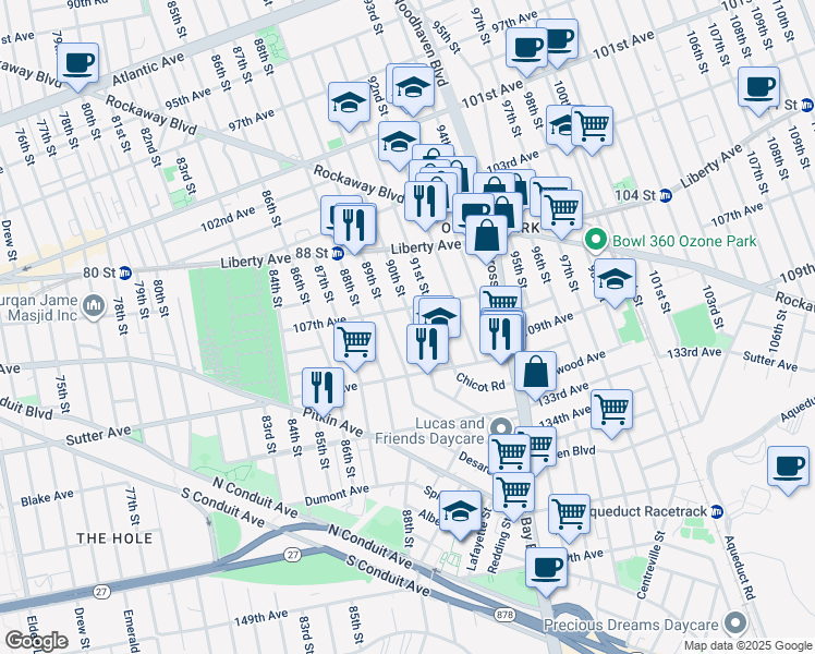 map of restaurants, bars, coffee shops, grocery stores, and more near 107-43 89th Street in Queens