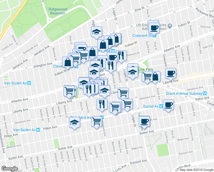 map of restaurants, bars, coffee shops, grocery stores, and more near 85 Atkins Avenue in Brooklyn