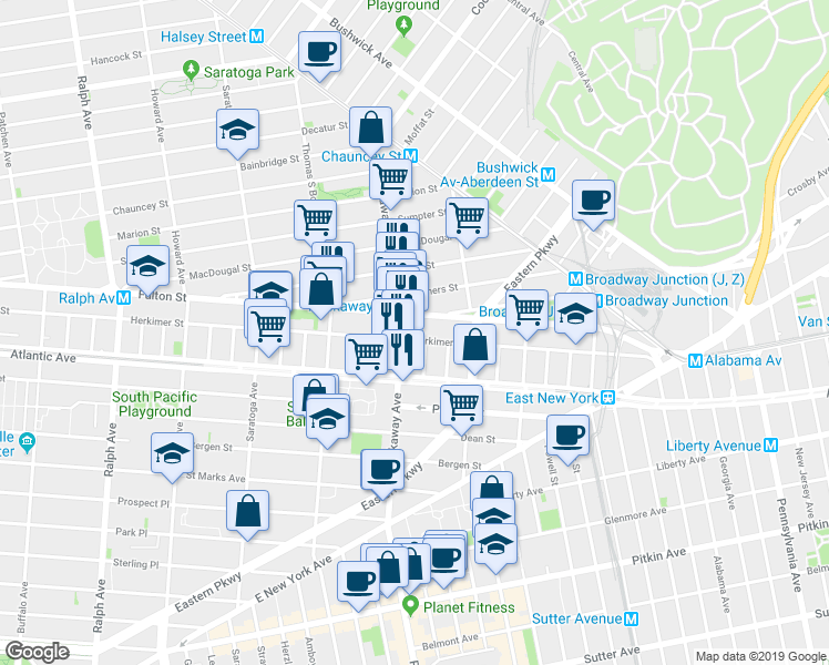 map of restaurants, bars, coffee shops, grocery stores, and more near 180 Rockaway Avenue in Brooklyn